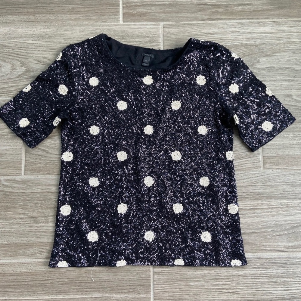 J. Crew sequin polka dot top blouse black white
